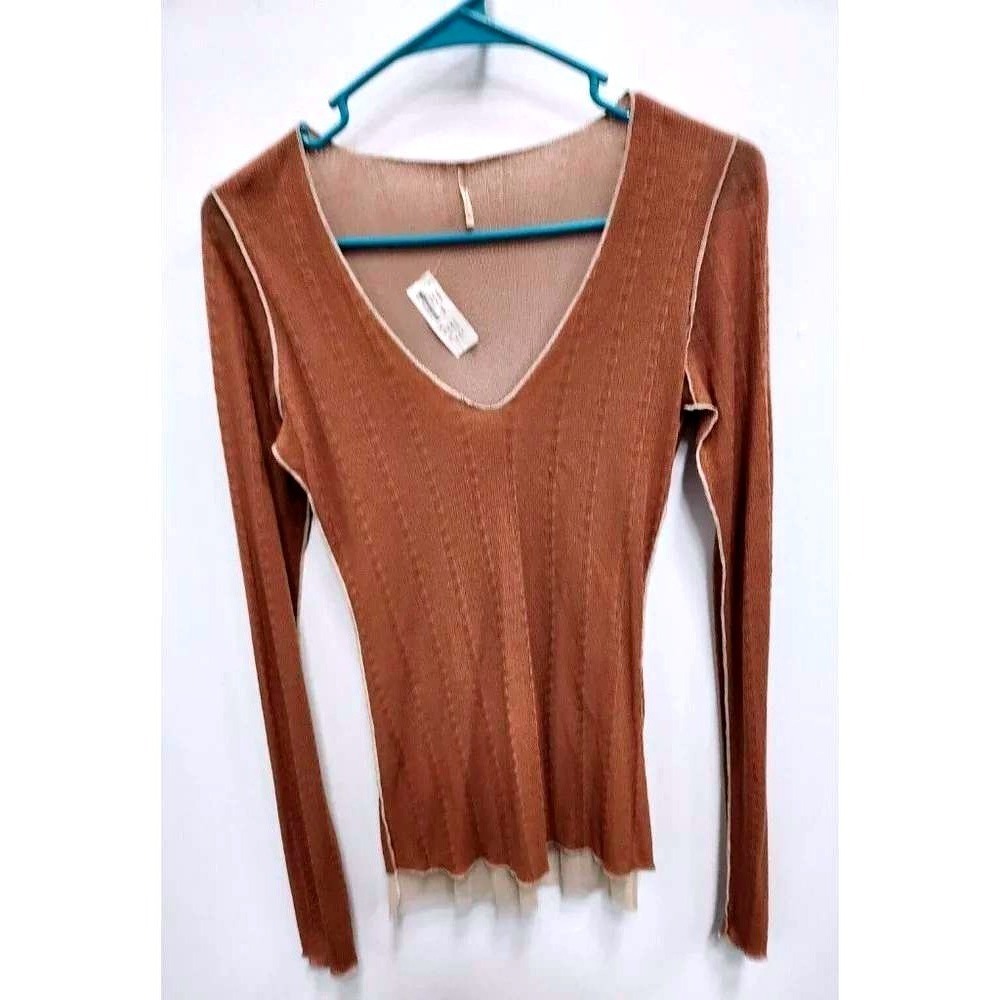 Y2K Pete V-Neck Long Sleeve Top Womens Medium Brown Ribbed Layered Nylon NEW
